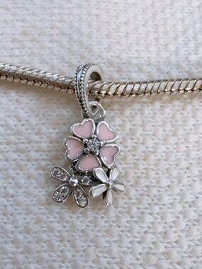 Poetic Blooms Flowers Pink Enamel CZ Bead Dangle Charm For Pandora Bracelet